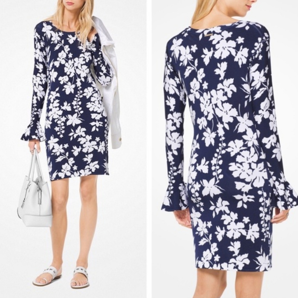 Michael Kors Navy and White Floral Long Sleeve Dress